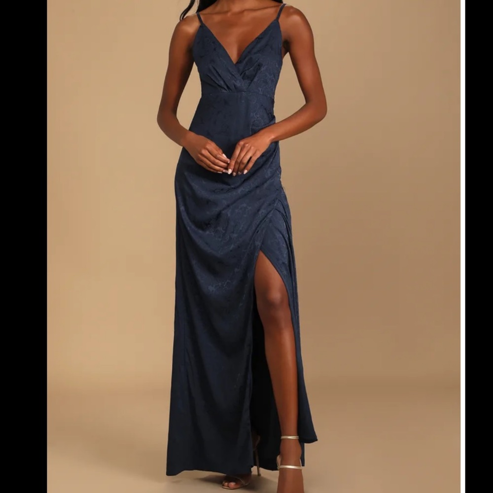 Lulus Perfectly Primped Navy Blue Floral Satin Jacquard Maxi Dress